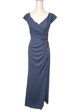 Alex Evenings Slate Blue Off the Shoulder Beaded Gown with Slit, Size 6, NWOT